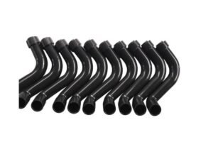 EPDM preshaped hoses, multiple black 90-degree molded rubber coolant hoses arranged in parallel, automotive-grade with smooth surface and reinforced ends.