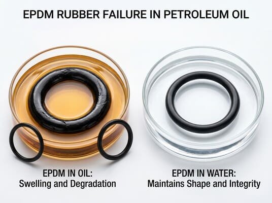 EPDM rubber failure in petroleum oil, showing swollen degraded O-rings in oil compared with stable EPDM seals in water