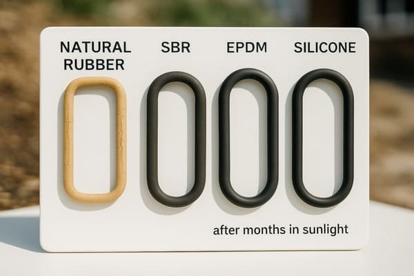 Sunlight resistance comparison of rubber materials, natural rubber shows discoloration and cracks, EPDM and silicone remain unchanged after months