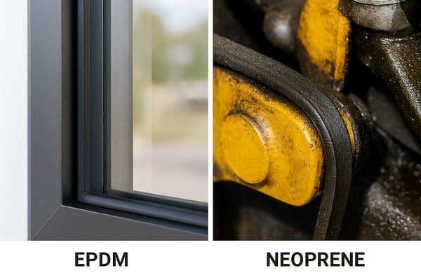EPDM vs neoprene rubber application comparison, EPDM window seal in architectural frame, neoprene gasket used in industrial machinery, side-by-side on white background