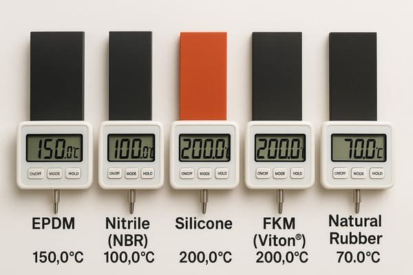 Rubber heat resistance comparison, EPDM, NBR, silicone, FKM, natural rubber with digital thermometers, temperature limits displayed