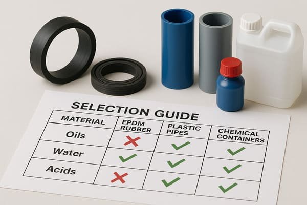 EPDM plastic selection guide:EPDM rubber vs plastic selection guide, chemical compatibility chart, rubber gaskets and plastic containers displayed on white background.