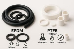 EPDM vs PTFE application comparison, black EPDM rings and hoses for outdoor and water use, white PTFE components for chemical, heat, non-stick applications.