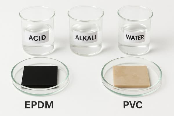 EPDM vs PVC chemical resistance test, black EPDM remains unchanged in acid, alkali, and water, yellowed PVC shows degradation, with labeled beakers on white background