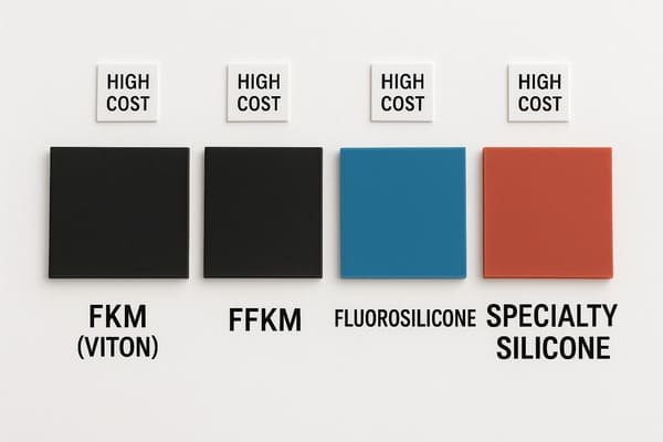 High-cost rubber materials comparison, black FKM and FFKM, blue fluorosilicone, and red specialty silicone shown as labeled samples on white background