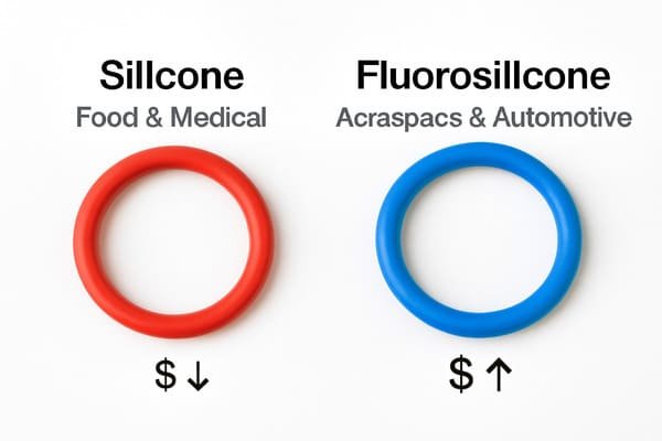Fluorosilicone vs silicone O-ring cost and application comparison, red silicone O-ring for food and medical use with lower cost, blue fluorosilicone O-ring for aerospace and automotive use with higher cost