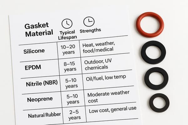 Gasket material lifespan comparison, silicone, EPDM, nitrile, neoprene, natural rubber O-rings, strengths and years chart