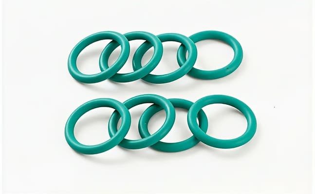 Green HNBR O-rings, oil-resistant rubber seals, arranged in two rows on white background, suitable for industrial fluid sealing.