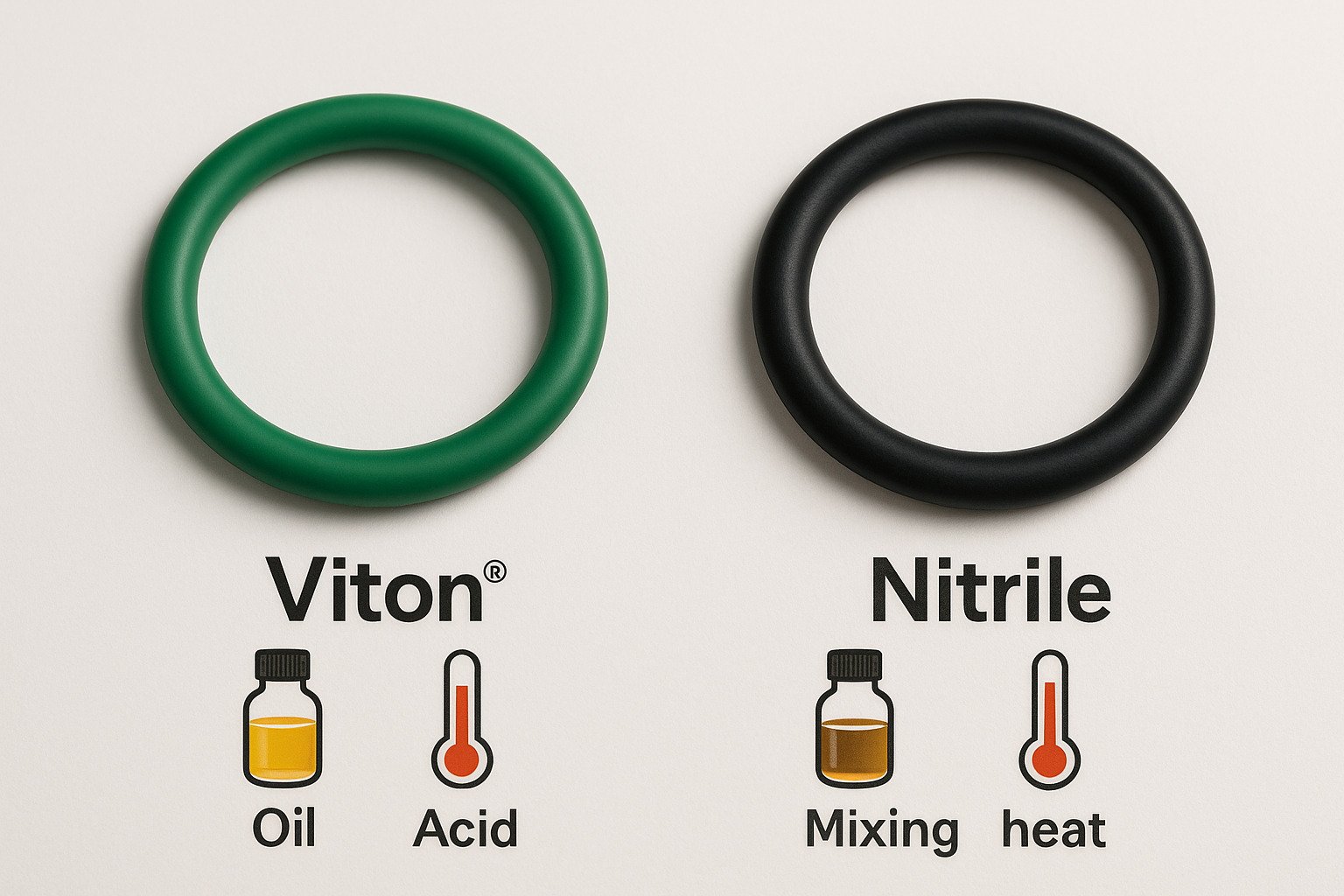 Green vs Black O-ring oil resistance comparison:Green Viton® O-rings are superior in extreme oil environments, high temperatures, and harsh chemical conditions compared to typical black nitrile O-rings.