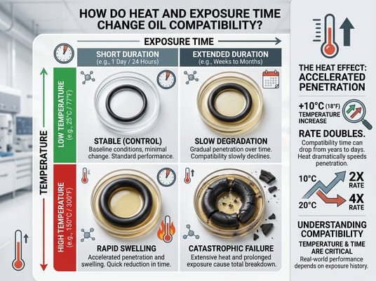 Oil compatibility chart for rubber seals, showing low and high temperature with short and extended exposure causing swelling and failure