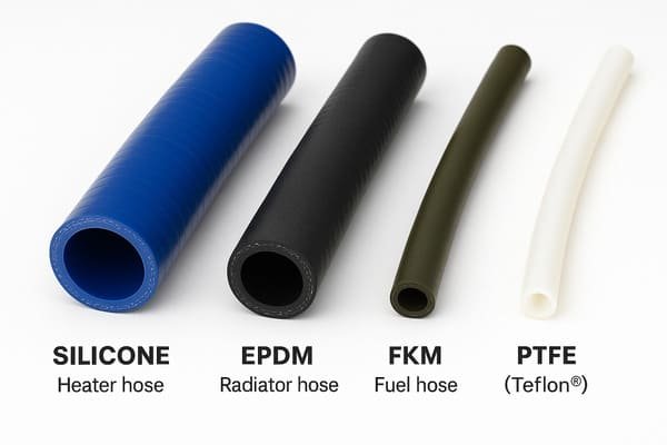 High temperature hose selection, showing blue silicone heater hose, black EPDM radiator hose, dark green FKM fuel hose, and white PTFE Teflon hose, arranged side by side on white background with material labels.