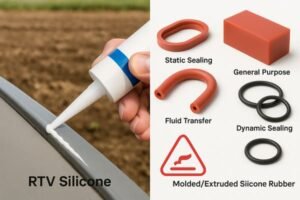 RTV and HTV silicone selection, caulking application and molded silicone parts, static sealing, fluid transfer, dynamic sealing uses.