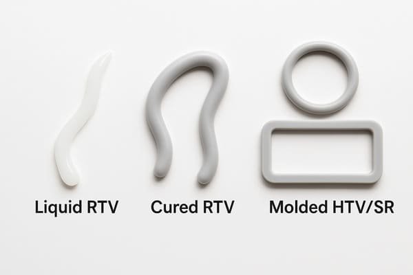 HTV vs RTV silicone difference, liquid and cured RTV samples, molded HTV silicone O-ring and gasket, material comparison display