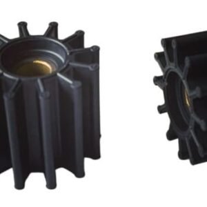 Rubber impeller, marine pump part with multiple flexible blades, central brass bushing, durable design for water circulation and cooling.