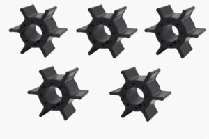 Marine pump rubber impellers, 6-blade design, black flexible vanes, no metal hub, arranged on white background, ideal for cooling and water circulation systems.