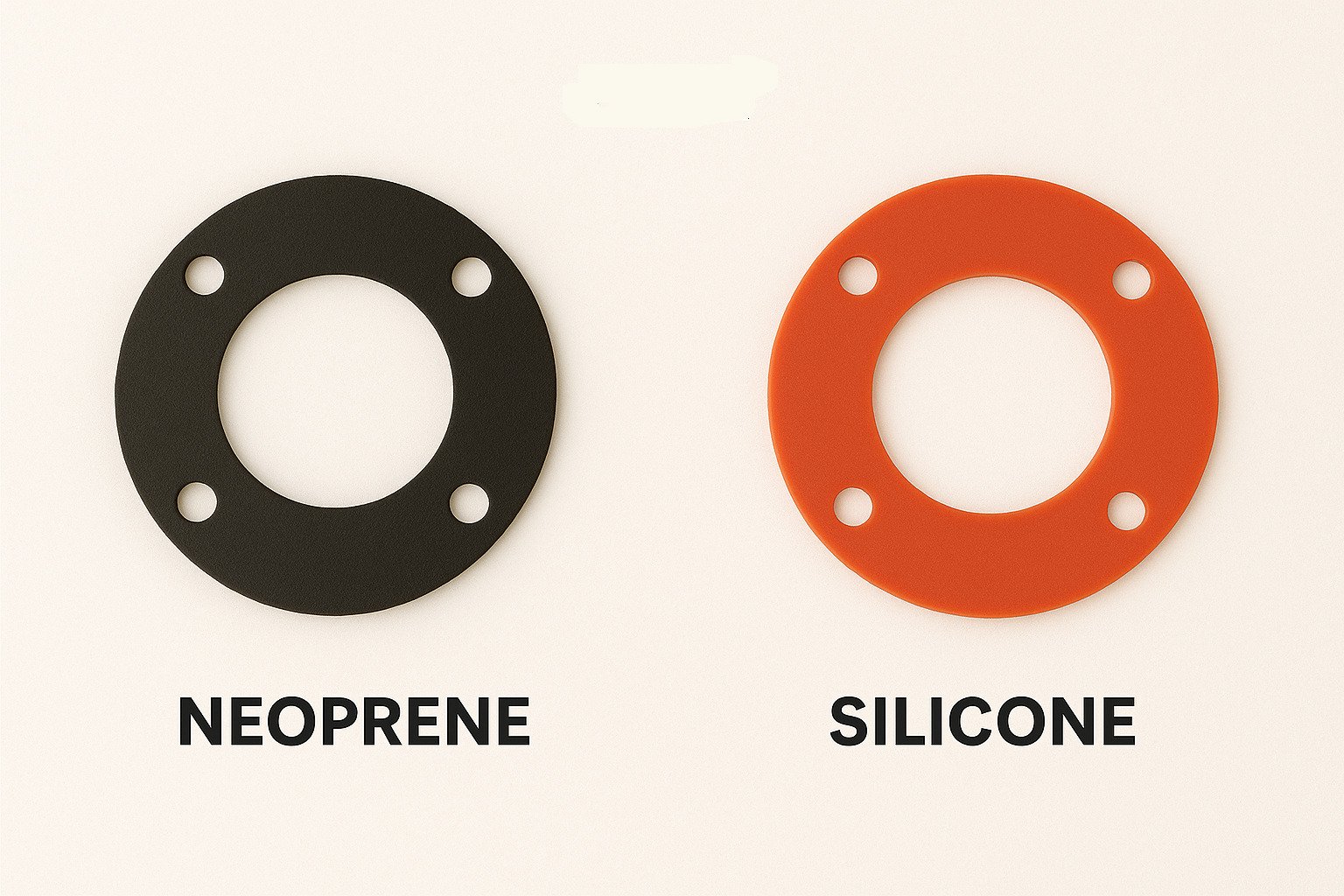 Neoprene vs silicone gasket comparison, black neoprene flange gasket beside orange silicone flange gasket, top-down view on light background