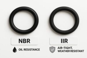 Nitrile vs butyl rubber O-ring comparison, NBR shows oil resistance, IIR highlights air-tight and weather resistant properties, side-by-side display.