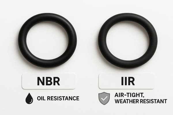 Nitrile vs butyl rubber O-ring comparison, NBR shows oil resistance, IIR highlights air-tight and weather resistant properties, side-by-side display