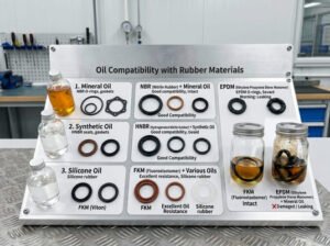 Oil compatibility with rubber materials chart, comparing mineral oil, synthetic oil, and silicone oil with NBR, HNBR, FKM, and EPDM seals
