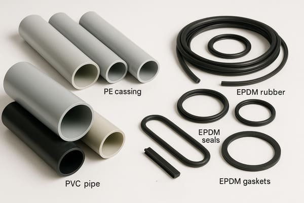 Plastic vs EPDM difference:Plastic pipes and EPDM rubber seals, product labeling for PE, PVC, EPDM gaskets, real comparison of sealing applications.