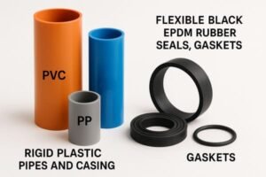 Rigid plastic pipes and flexible EPDM rubber gaskets, material comparison, application examples, labeled product types on white background.
