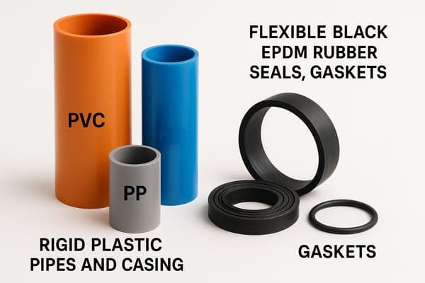 rubber vs plastic materials:Rubber materials (like EPDM, silicone, NBR) are elastic, compressible, ,Plastics (like PP, PE, ABS) are generally rigid