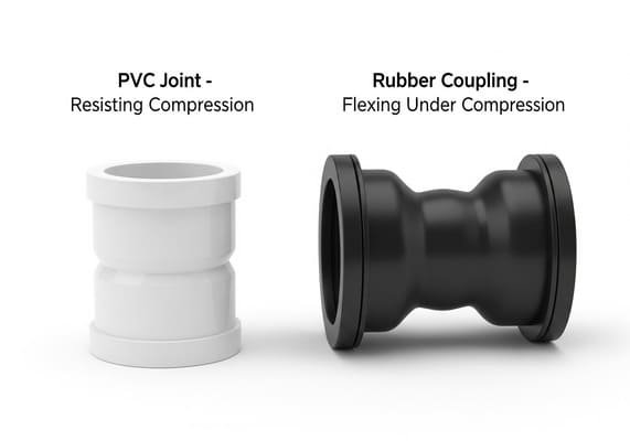 PVC vs rubber coupling under compression, rigid white PVC joint resists deformation, flexible black rubber joint compresses visibly, comparison on white background