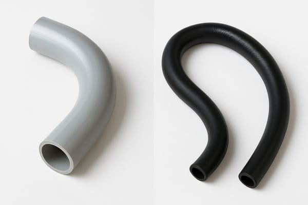 PVC vs rubber hose strength comparison, rigid gray PVC pipe retains shape under stress, flexible black rubber hose shows superior bendability, side-by-side on white background