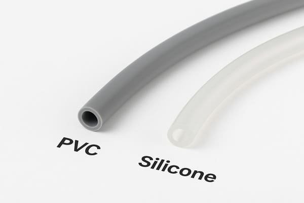 PVC vs Silicone tubing comparison, grey PVC hose and translucent silicone tube side by side on white background, showing material flexibility