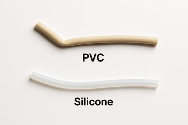 High-temperature resistance test, PVC tube bent and discolored, silicone tube intact and white, comparison on white background