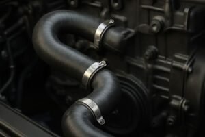 Rubber radiator hoses with metal clamps, installed on an engine, showing curved paths and secure attachment points. Close-up shot with focus on the smooth black surface and mechanical detail.
