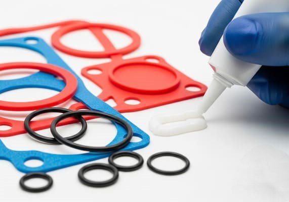 RTV vs silicone rubber, red and black gaskets and O-rings, adhesive application, material difference demonstration.
