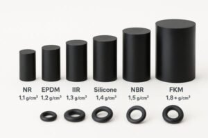 Rubber density comparison, cylinders and O-rings of NR, EPDM, IIR, silicone, NBR, FKM, labeled by material and density for selection guide.