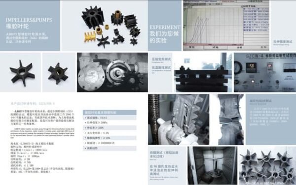 Rubber impeller and pump testing, various impeller types with flexible blades, performance experiments, durability and material analysis, marine water pump application.