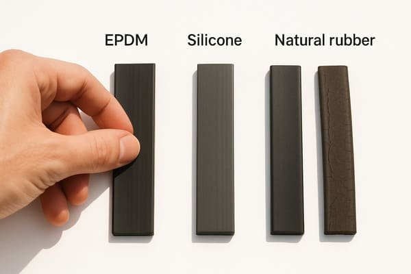 Rubber selection for outdoor use, hand testing EPDM strip, silicone remains stable, natural rubber shows surface cracks from UV exposure