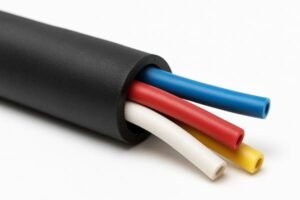 Rubber sheath for electrical cables, providing protection to red, blue, white, and yellow wires inside, designed for insulation and safety.