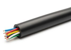 Rubber protective sleeve for electrical wires, black tubing encasing multicolor copper cables, used for insulation and wire bundling.