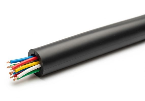 Rubber protective sleeve for electrical wires, black tubing encasing multicolor copper cables, used for insulation and wire bundling.