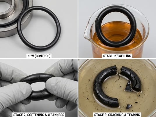 Rubber swelling failure stages, showing a new O-ring, oil-induced swelling, softening under bending, and final cracking after exposure