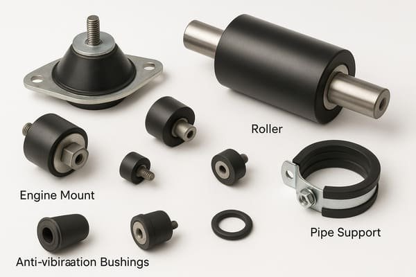 Rubber to metal bonded products, anti-vibration bushings, engine mount, roller, and pipe support, labeled components display
