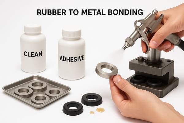 Rubber to metal bonding process, adhesive and cleaning bottles, hands assembling metal and rubber parts, industrial application