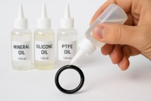 Applying safe oil to rubber O-ring, mineral oil, silicone oil, and PTFE oil bottles in background, showing correct lubrication method.