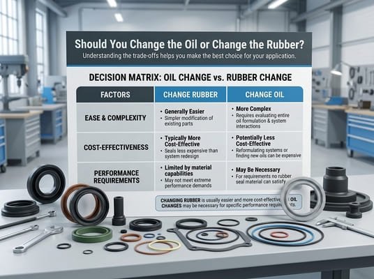 Oil change versus rubber change decision matrix, comparing cost, complexity, and performance when solving rubber oil compatibility problems