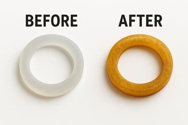 Silicone gasket aging test, before and after comparison, white ring turns yellow, aging and weathering effect on sealing material
