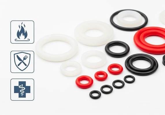 Silicone gaskets and O-rings, food grade and medical grade icons, assorted sizes, fire resistance symbol, white background.