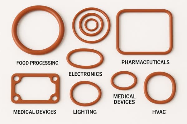 Silicone gasket industry uses:Silicone gaskets and O-rings, labeled applications for food processing, pharmaceuticals, medical devices, HVAC, and electronics.