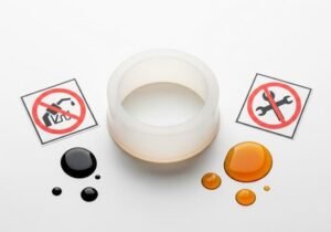 Silicone gasket oil resistance issue, white seal with oil droplets, no oil or maintenance icons, chemical compatibility warning.
