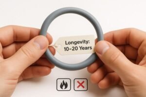 Silicone gasket service life, hands holding gray O-ring labeled longevity 10–20 years, fire resistance and exclusion icons.