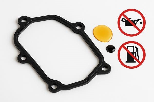 Silicone gasket use limitations, black seal with oil and fuel, prohibition symbols, restricted applications for automotive fluids