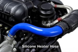 Silicone heater hose, bright blue hose installed on automotive engine, high-temperature resistant, connected with metal clamps, shown in engine bay for heater system application.